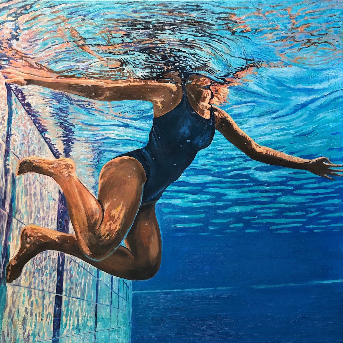 Impressionistic Portrait Oil Painting By Daria Dudochnykova, 28 X 28, Swimmer, Original Artwork