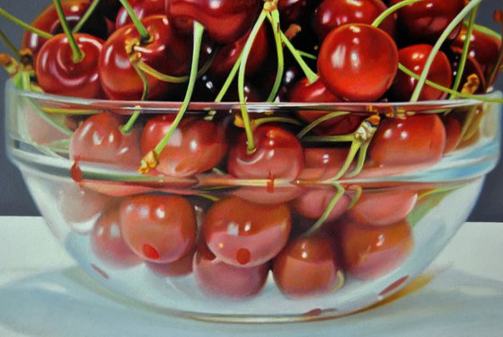 Still life with cherries IV , Original oil on canvas painting