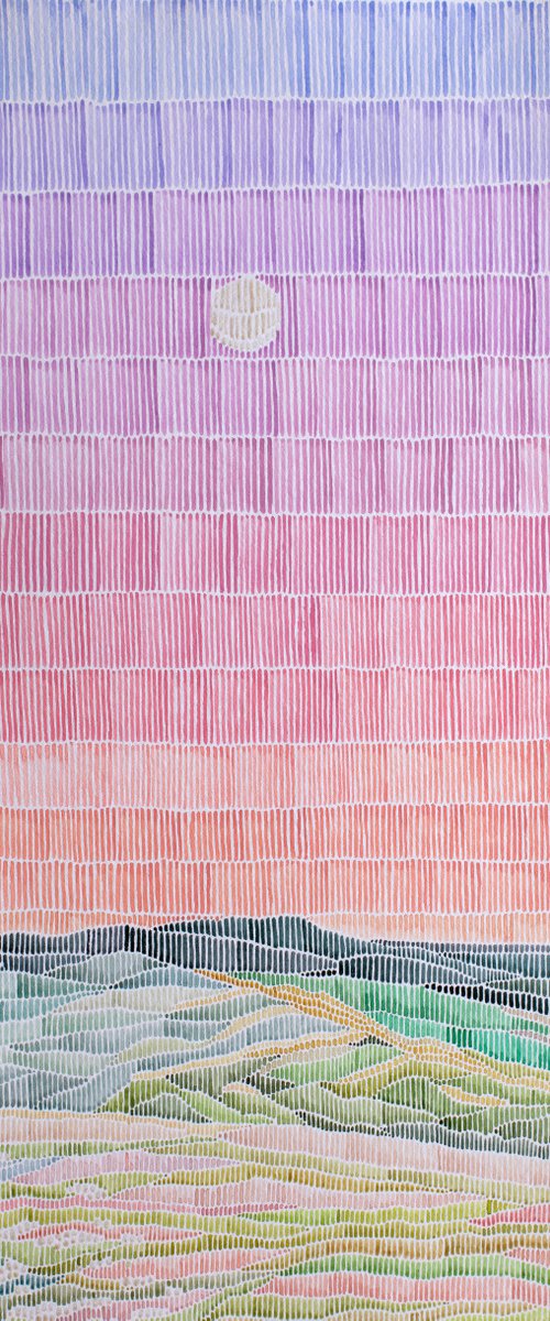 Original style watercolor abstract landscape with pink sky by Liliya Rodnikova