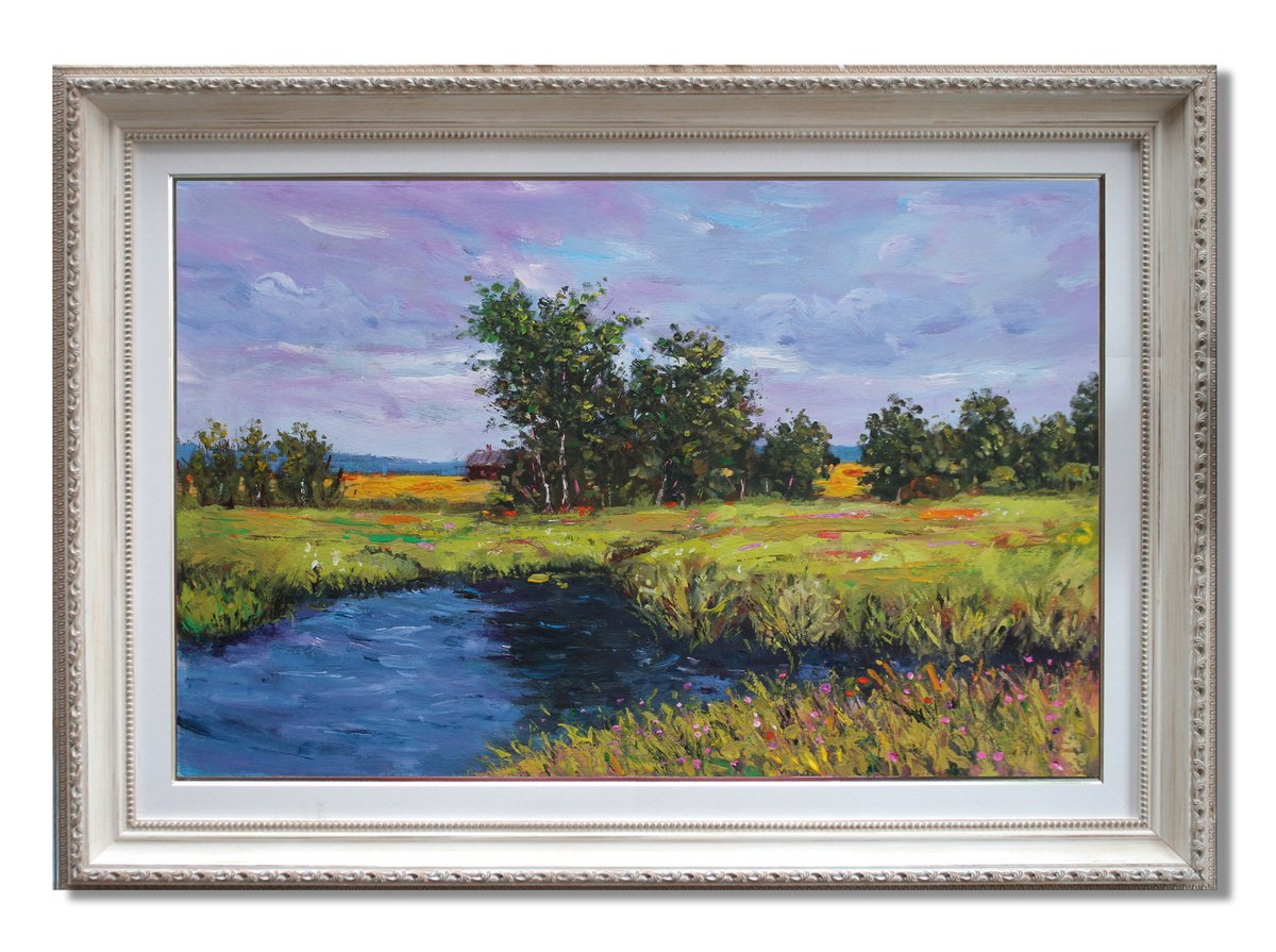 Impressionistic Landscape Acrylic Painting By Mir-Jan, 27 X 17", Silver Lake 3, Original Artwork