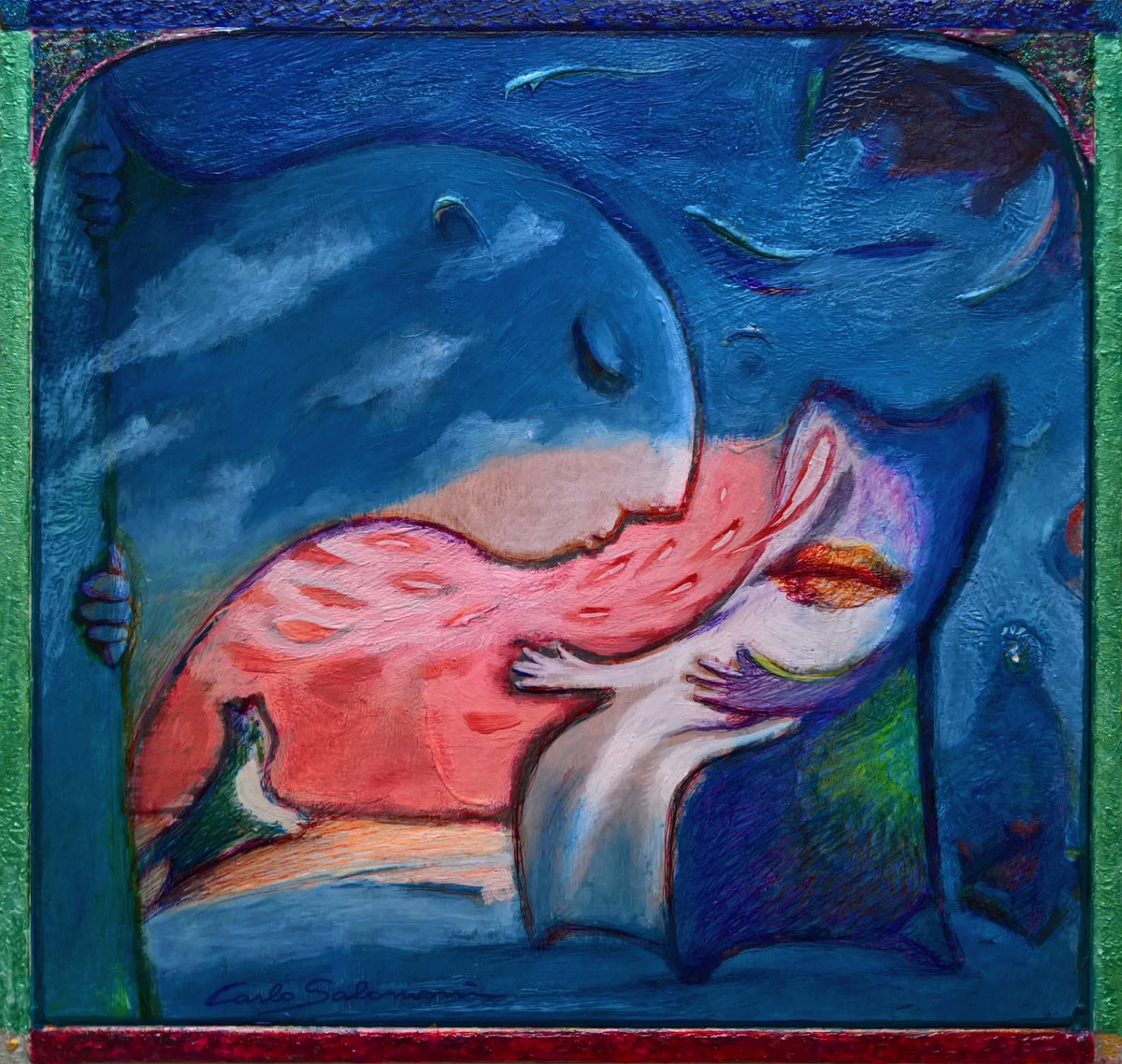 Surrealistic Portrait Painting By Carlo Salomoni, 12 X 12, The Shadow Of The Kiss, Original Artwork