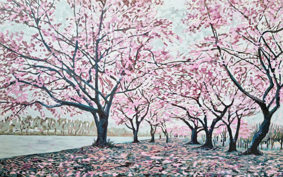 Impressionistic Botanical Oil Painting By Zulfiya Mukhamadeyeva, 31 X 20", Sakura, Original Artwork