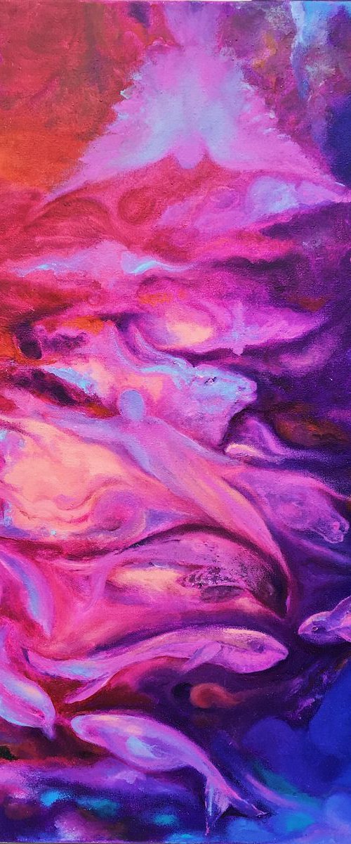 Phantasmagoria - original blue-violet abstract animals oil art painting on stretched canvas by Nino Ponditerra