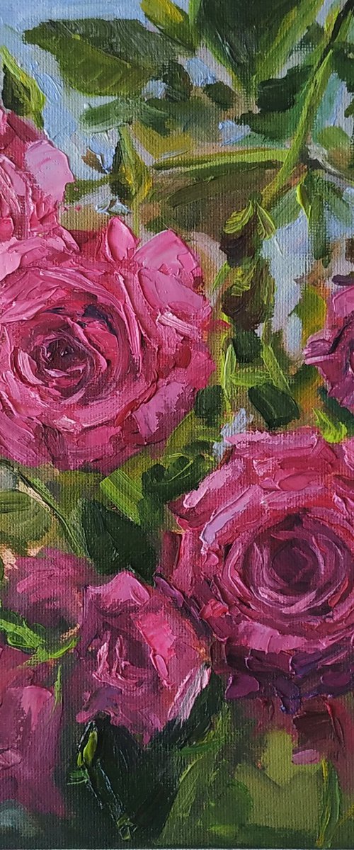 Pink tea roses original oil painting still life 9x7" by Leyla Demir