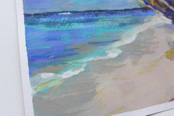 Palm beach, Blue sea and shore, small gouache art