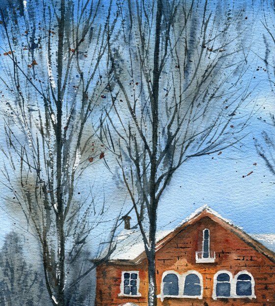 An old house in the town of Vidnoe near Moscow. Original watercolor artwork.