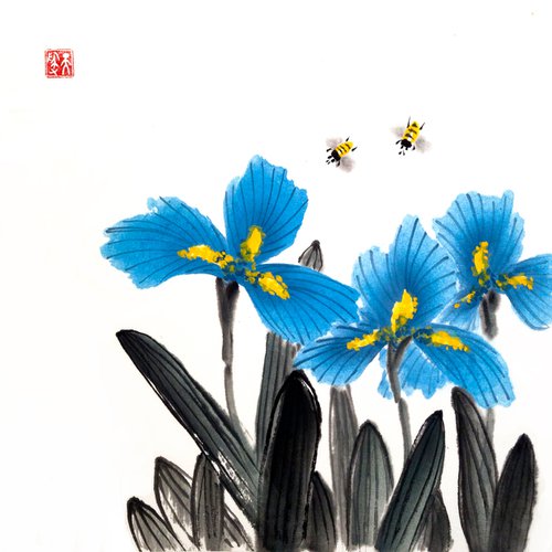 Blue irises and dancing bees - Oriental Chinese Ink Painting by Ilana Shechter