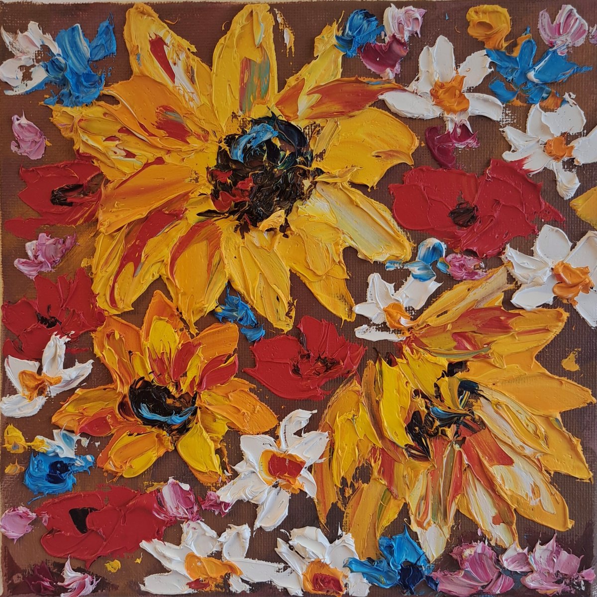 Impressionistic Botanical Oil Painting By Oksana Fedorova, 8 X 8", Yellow Wild Flowers, Original Artwork