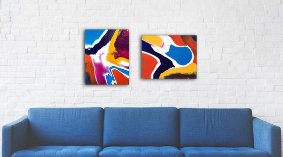 "Is This Enough Of A Production For You?" - Original PMS Abstract Diptych Fluid Acrylic Paintings On Canvas - 36" x 20"