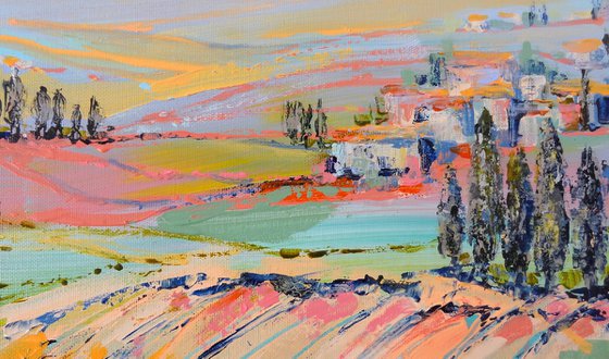 Cypress trees in a colorful world