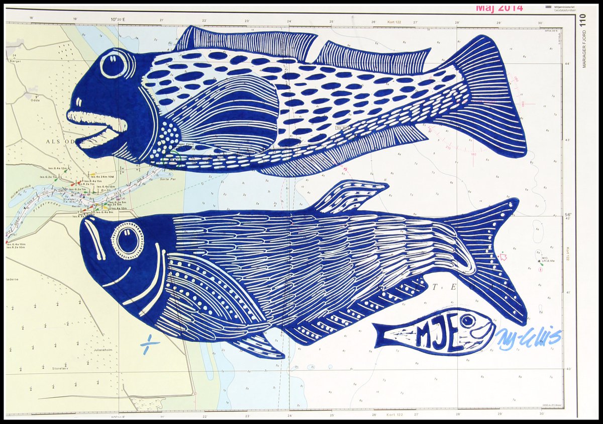 Big Boys, linocut on vintage sea chart by Mariann Johansen-Ellis