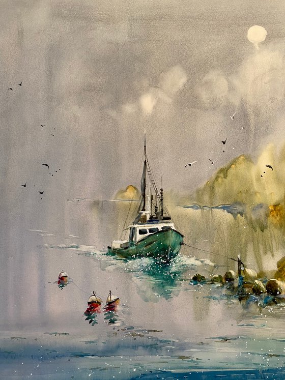 Sold Watercolor “Full moon. Old boat” gift for him