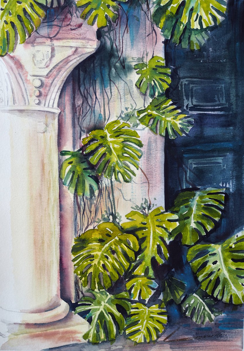 Impressionistic Cityscapes Watercolour By Delnara El, 11 X 16, Portuguese Courtyard, Original Artwork