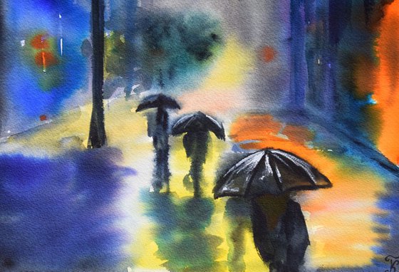 Rainy night New York original watercolor painting, abstract cityscape