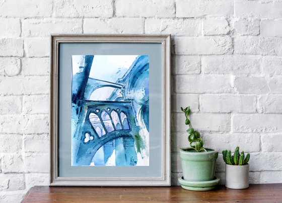 "Walking in the sky" - City scene in monochrome colors - Original watercolor painting