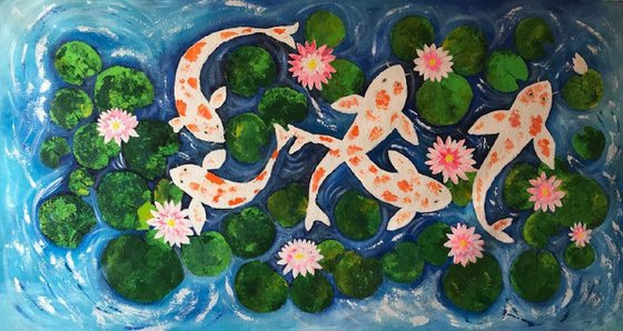 Koi Fish and Water Lilies !! Large Painting ! Feng Shui ! Textured color !! Knife Art !!