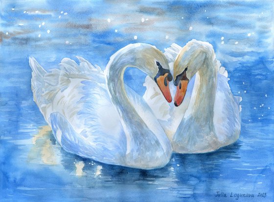 White Swans on the Pond Original Watercolour by Julia Logunova
