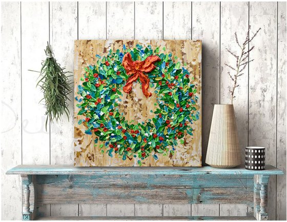 Holiday Wreath - Original Acrylic Painting, Textured Christmas Art