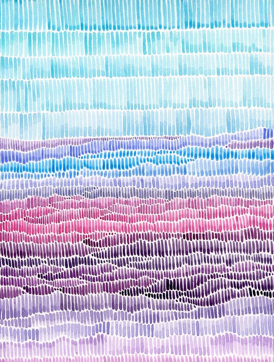 Abstract watercolor landscape of blooming pink and violet fields