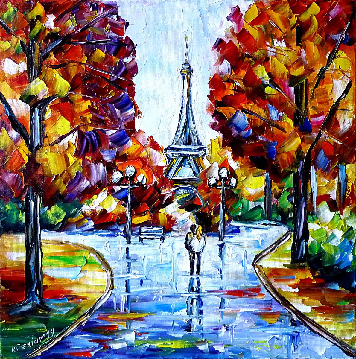 Expressive Cityscapes Oil Painting By Mirek Kuzniar, 16 X 16", Autumn In Paris, Original Artwork