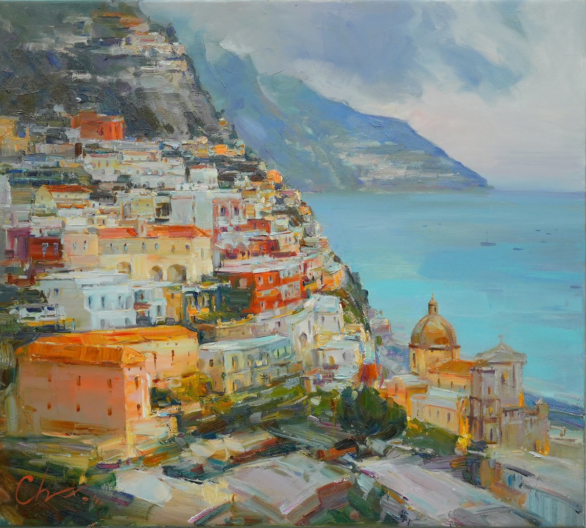 Impressionistic Landscape Oil Painting By Serhii Cherniakovskyi, 35 X 31", Magical Amalfi Coast, Original Artwork