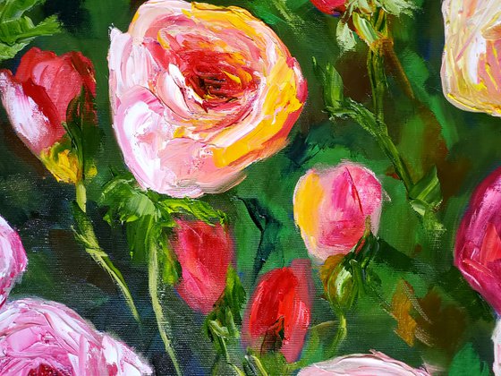 WHITE PINK YELLOW PURPLE  ROSES IN A GREENWICH GARDEN palette knife modern still life  flowers office home decor gift