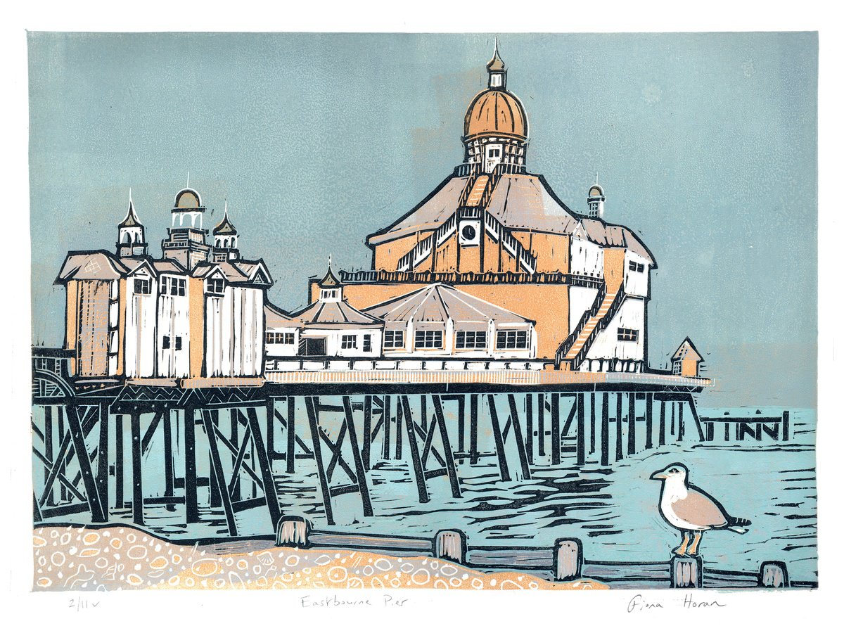 Eastbourne Pier. Limited Edition large linocut No.2 by Fiona Horan