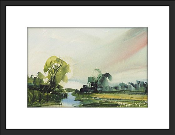 SUMMER MEADOW LANDSCAPE RIVER SEVERN, Worcs. Original Watercolour with mount (mat).