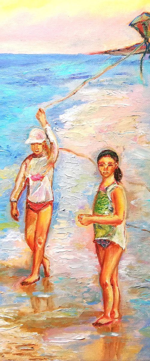 "Two Girls Playing with a Kite " Original Oil Artwork 7 by 10" (18x24cm) by Katia Ricci