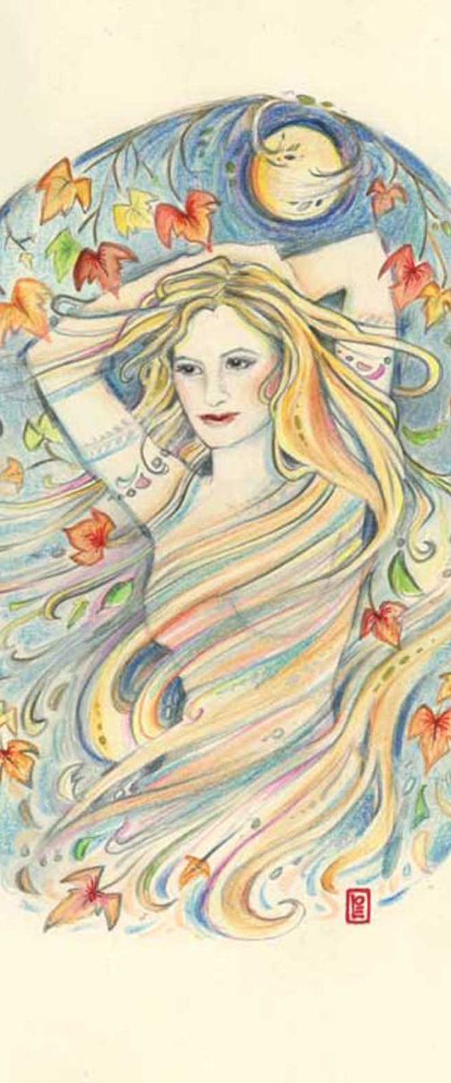Moon Goddess Original watercolor painting by Liza Paizis in an Art Nouveau style by Liza Paizis