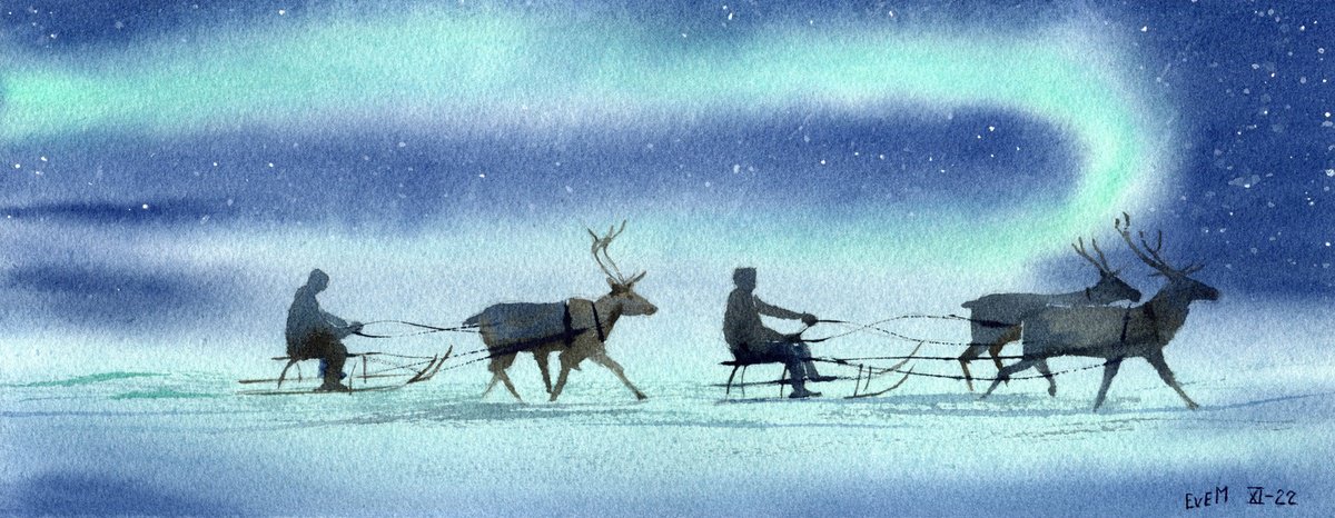 Winter northern landscape with aurora borealis. Reindeer teams. by Evgeniya Mokeeva