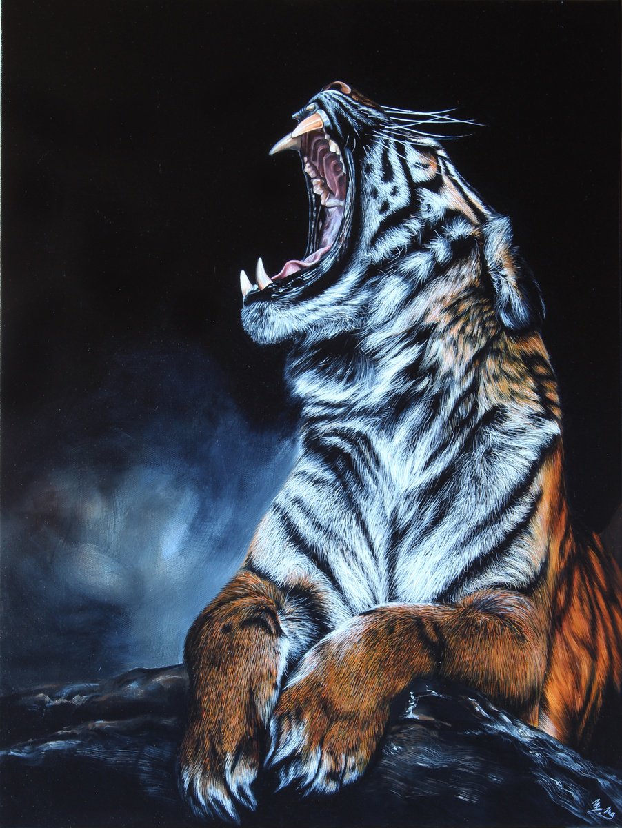 Photorealistic Animal Oil Painting By Marie Madej, 24 X 31", Tiger, Original Artwork