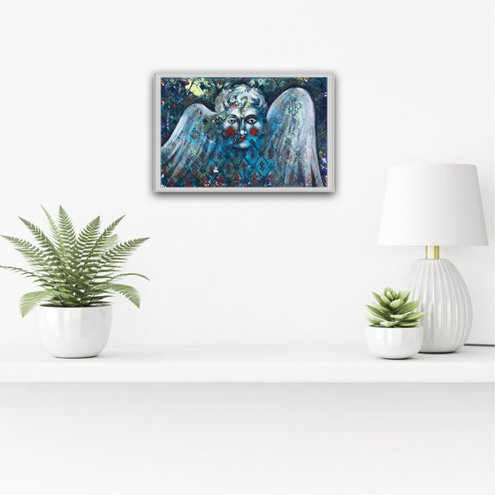 “Cherub” small blue angel painting