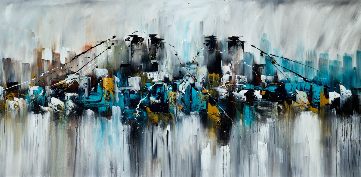 Abstract Cityscapes Acrylic Painting By Madhav Singh, 75 X 39", Bridge And The Skyscrapers, Original Artwork