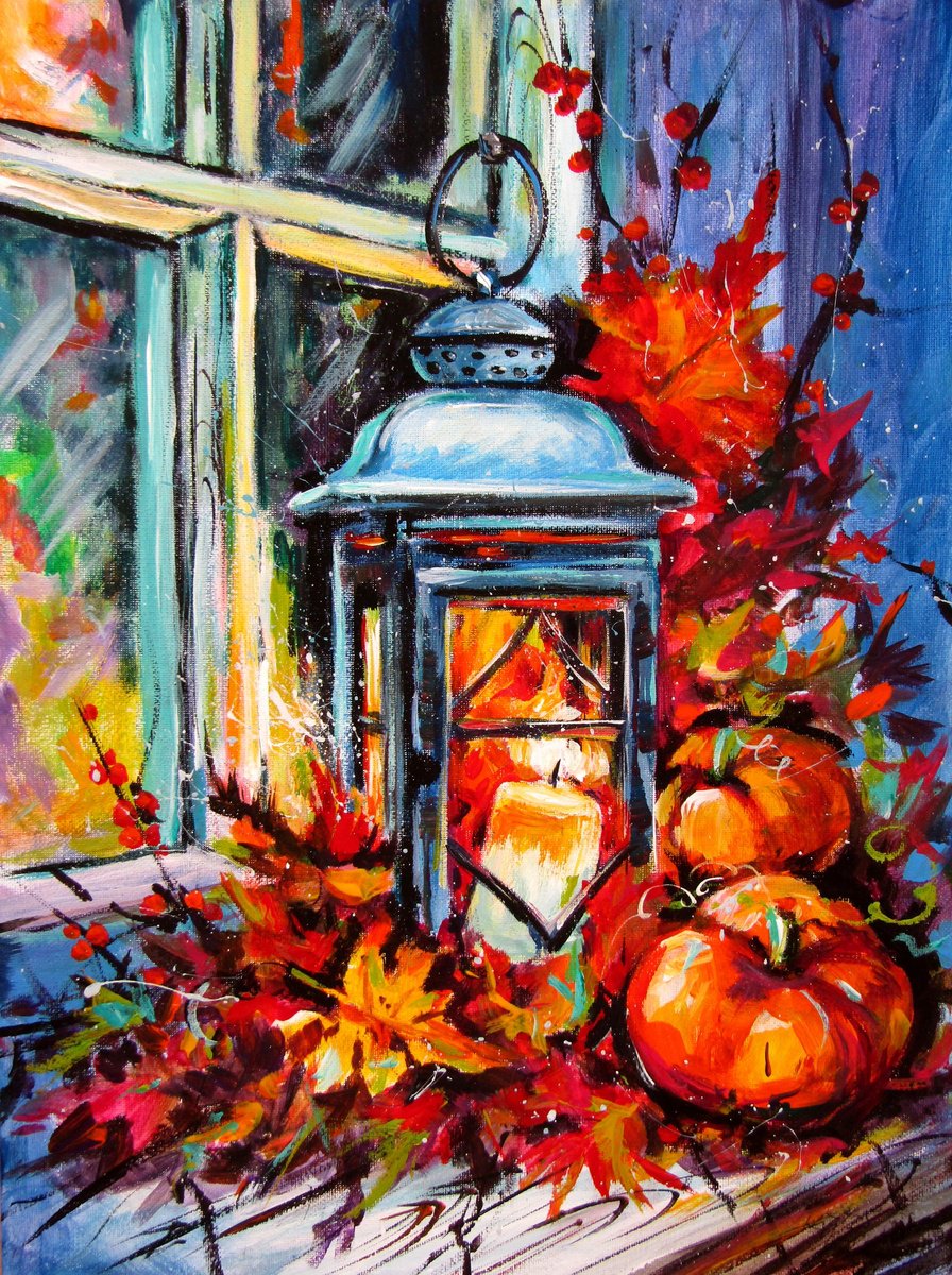 Autumn Lantern By The Window By Kovacs Anna Brigitta, 12 X 16, Artwork For Sale On Artfinder