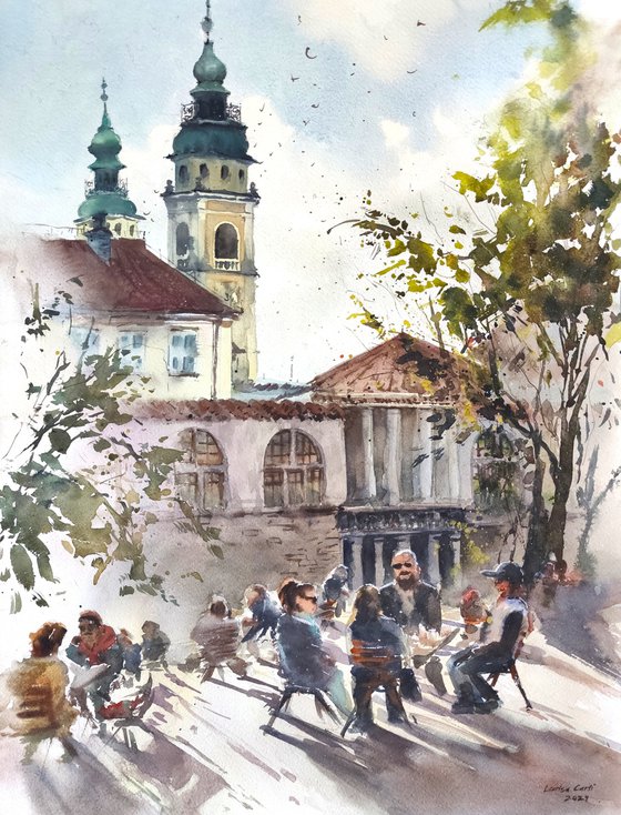 Slovenia Ljubljana original watercolor, European city life, Church old town Mediterranean impressionistic, People drinking coffee shop