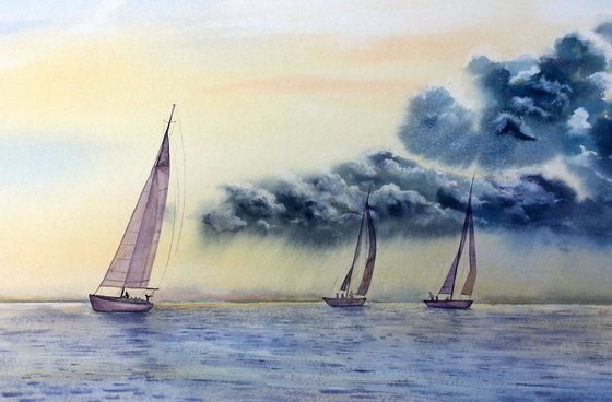 Storm Clouds at Sea, Sailboats, Seascape