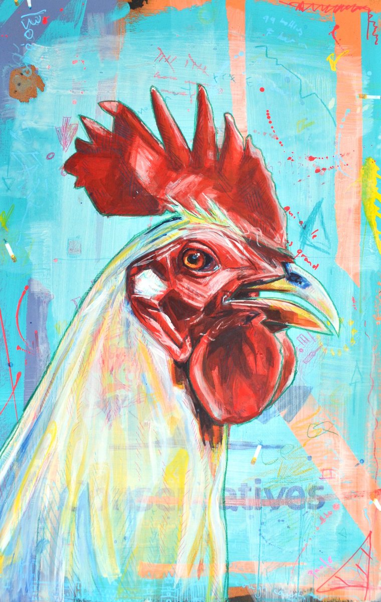 Urban And Pop Animal Acrylic Painting By Paul Ward, 12 X 18", The Cock, Original Artwork