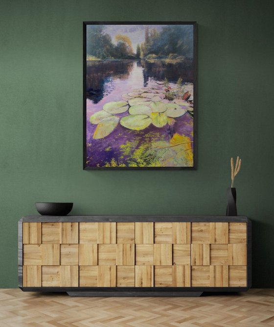 'Water Lilies III' Impressionistic Impasto Large Oil painting