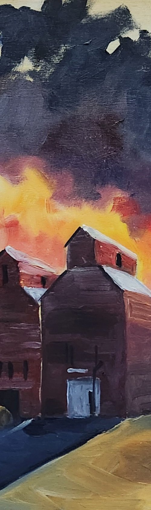 "Againts a Fiery Sky" - Landscape - Grain Elevators by Katrina Case