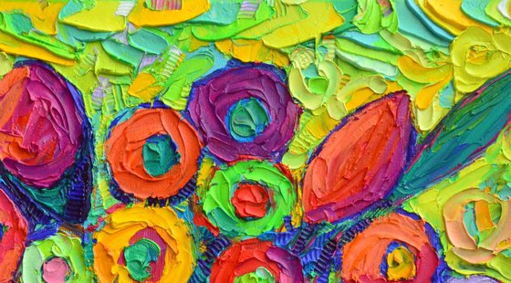 ABSTRACT COLOURFUL FLOWERS OF HAPPINESS - modern impressionism textural impasto palette knife original oil painting by Ana Maria Edulescu