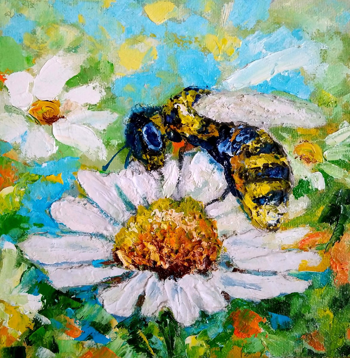 Bee and Daisy, Bee Painting Original Art Daisy Artwork Impasto Small Wall Art by Yulia Berseneva