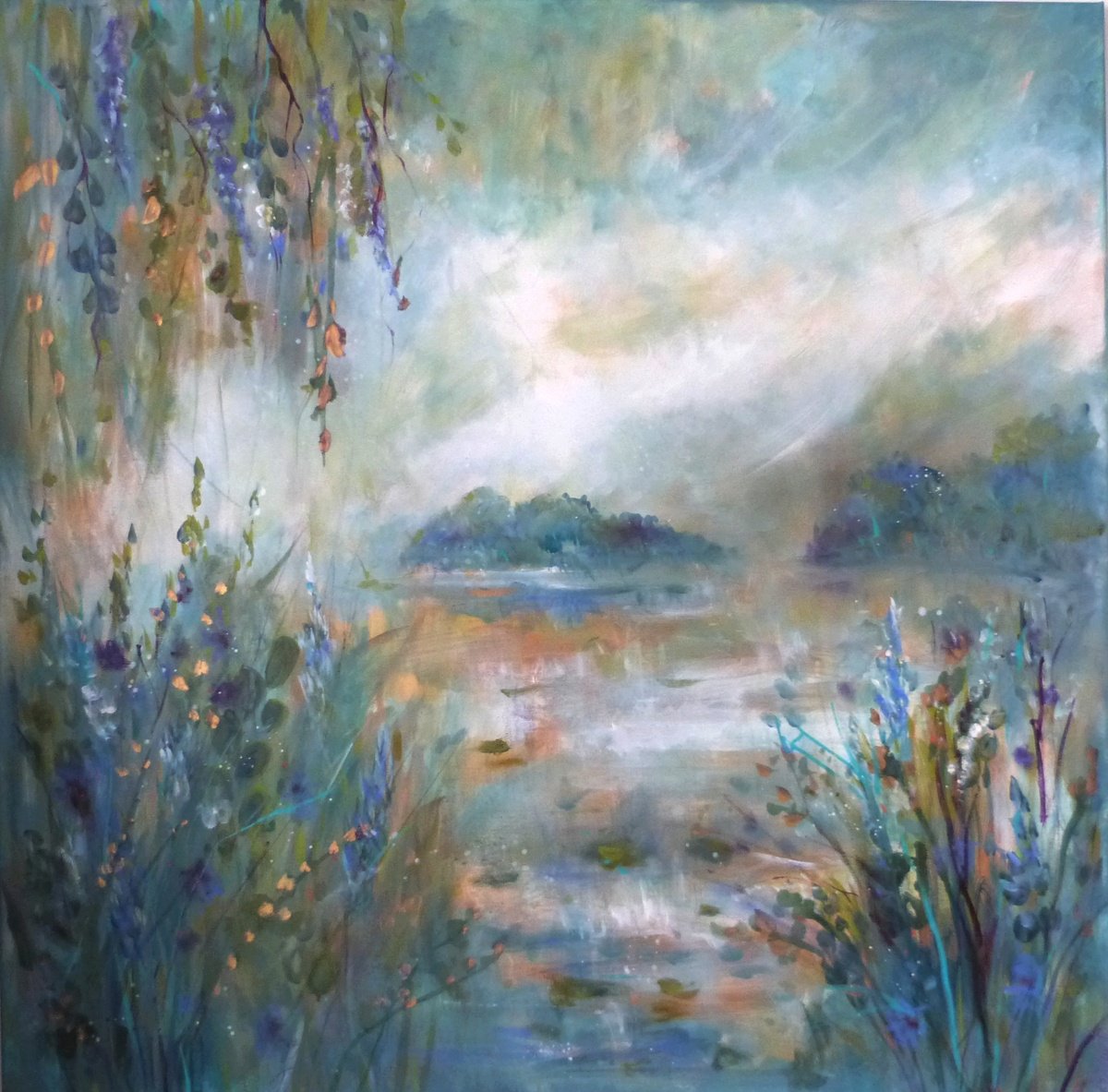 Impressionistic Landscape Painting By Loetitia Pillault, 31 X 31", The Blue Island, Original Artwork