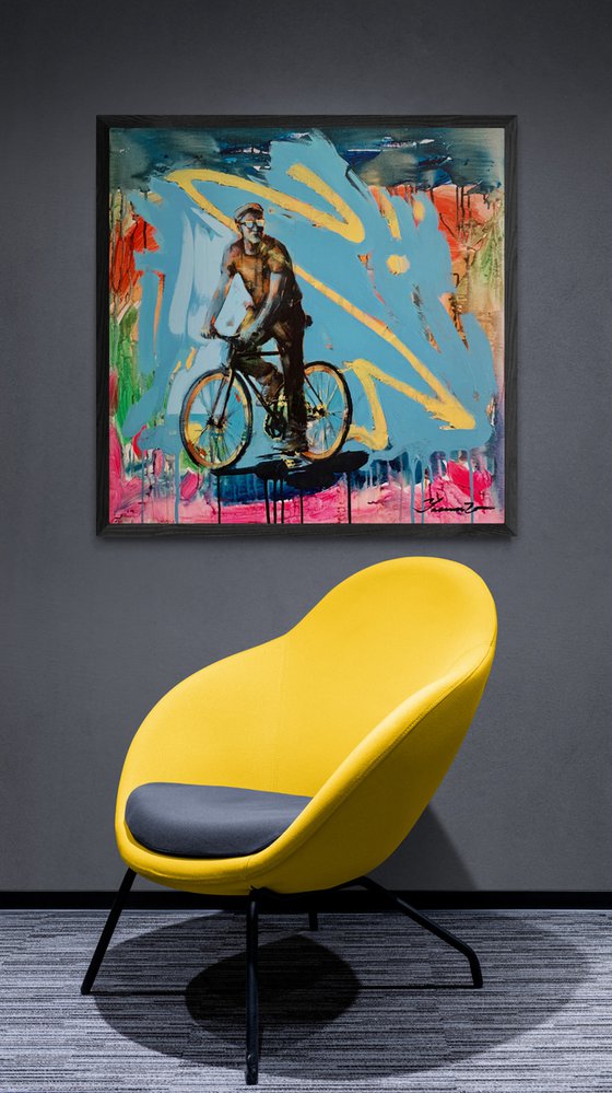 Bright painting - "Ukrainian cyclist" - Urban Art - Pop Art - Bicycle - Street Art