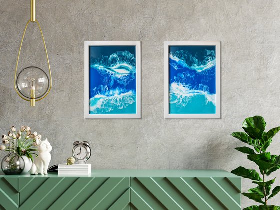 Diptych "My ocean" - set of 2 original seascape 3d artwork, framed, ready to hang