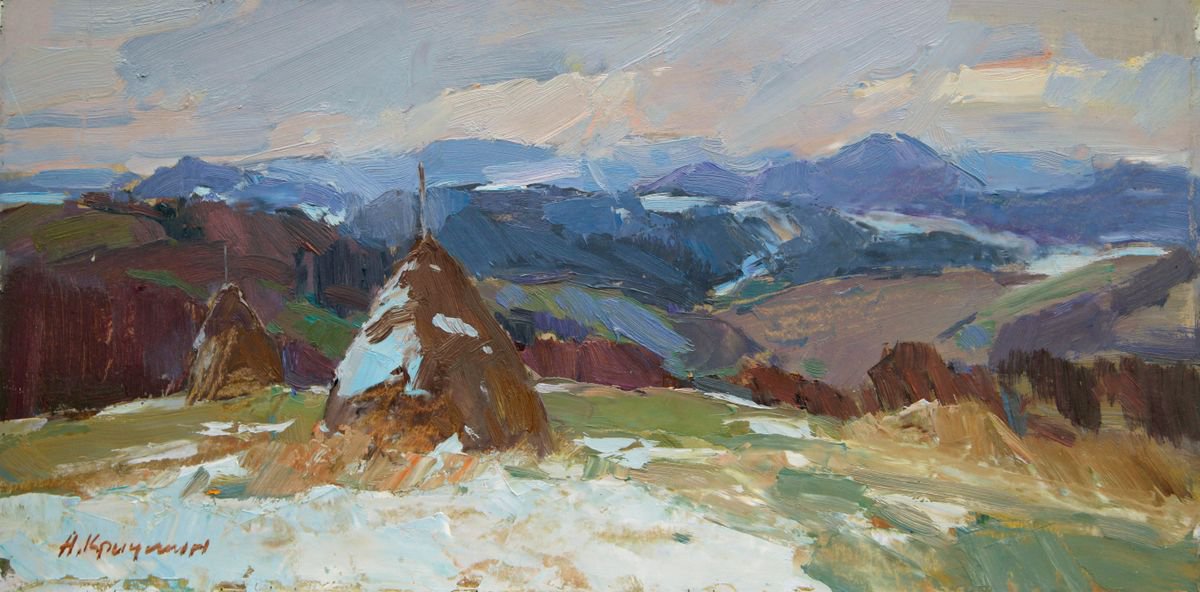 Impressionistic Landscape Oil Painting By Aleksandr Kryushyn, 20 X 10, First Snow. Carpathians, Original Artwork