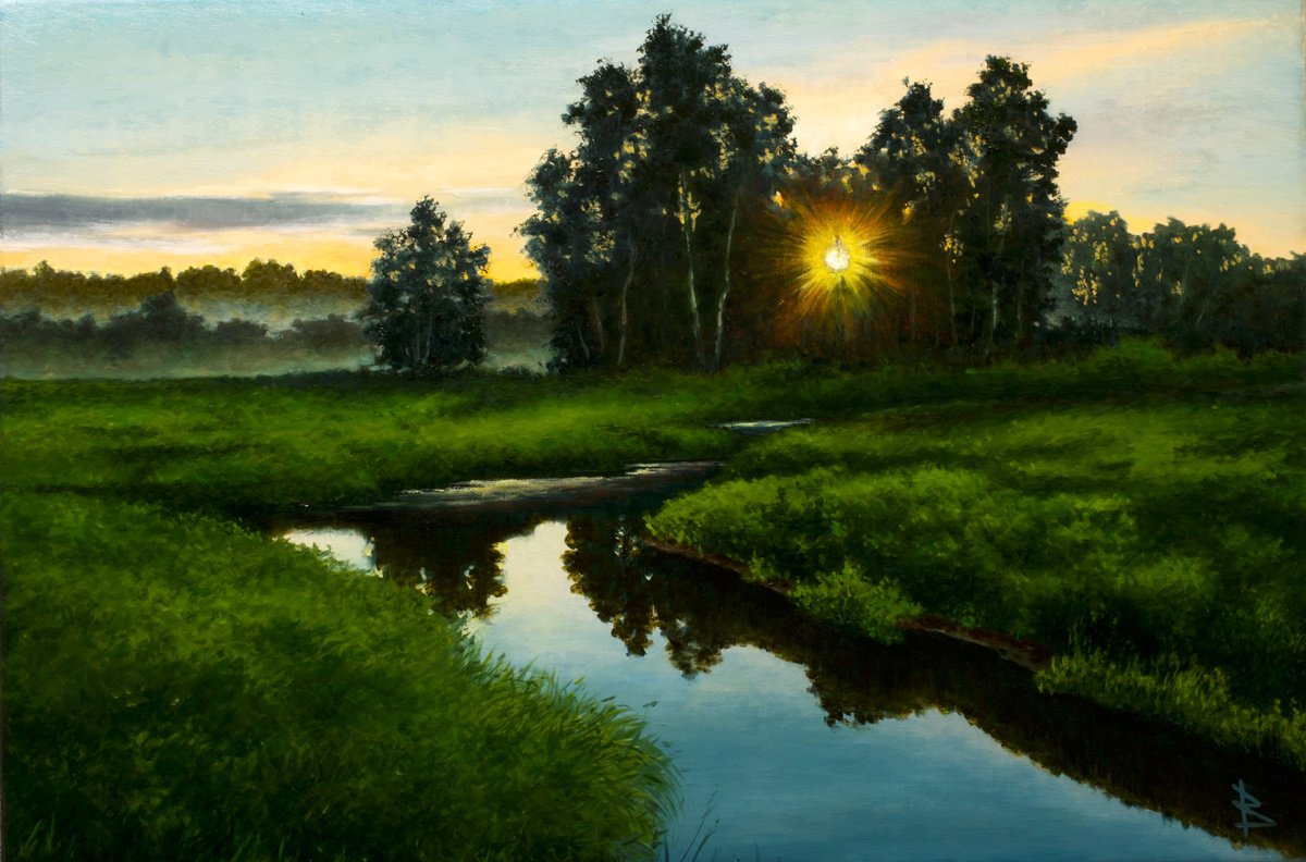 Impressionistic Landscape Oil Painting By Oleg Baulin, 24 X 16", Silent Dawn, Original Artwork