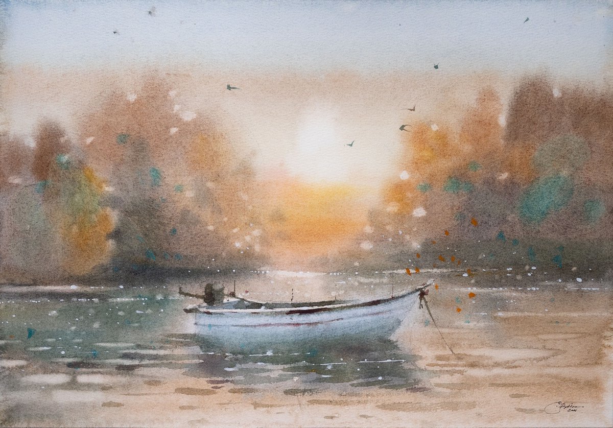 Autumn lake and fishing boat at sunrise by Ekaterina Pytina