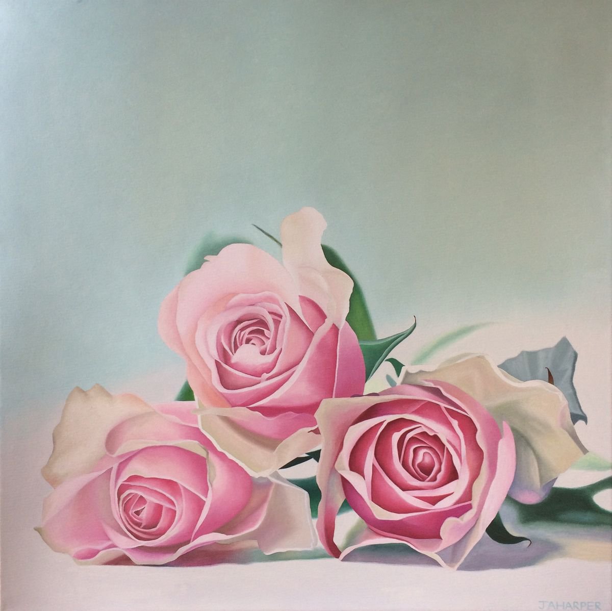 Photorealistic Oil Painting , Three Pink Roses By Jill Ann Harper, 30 X 30, Artwork For Sale On Artfinder