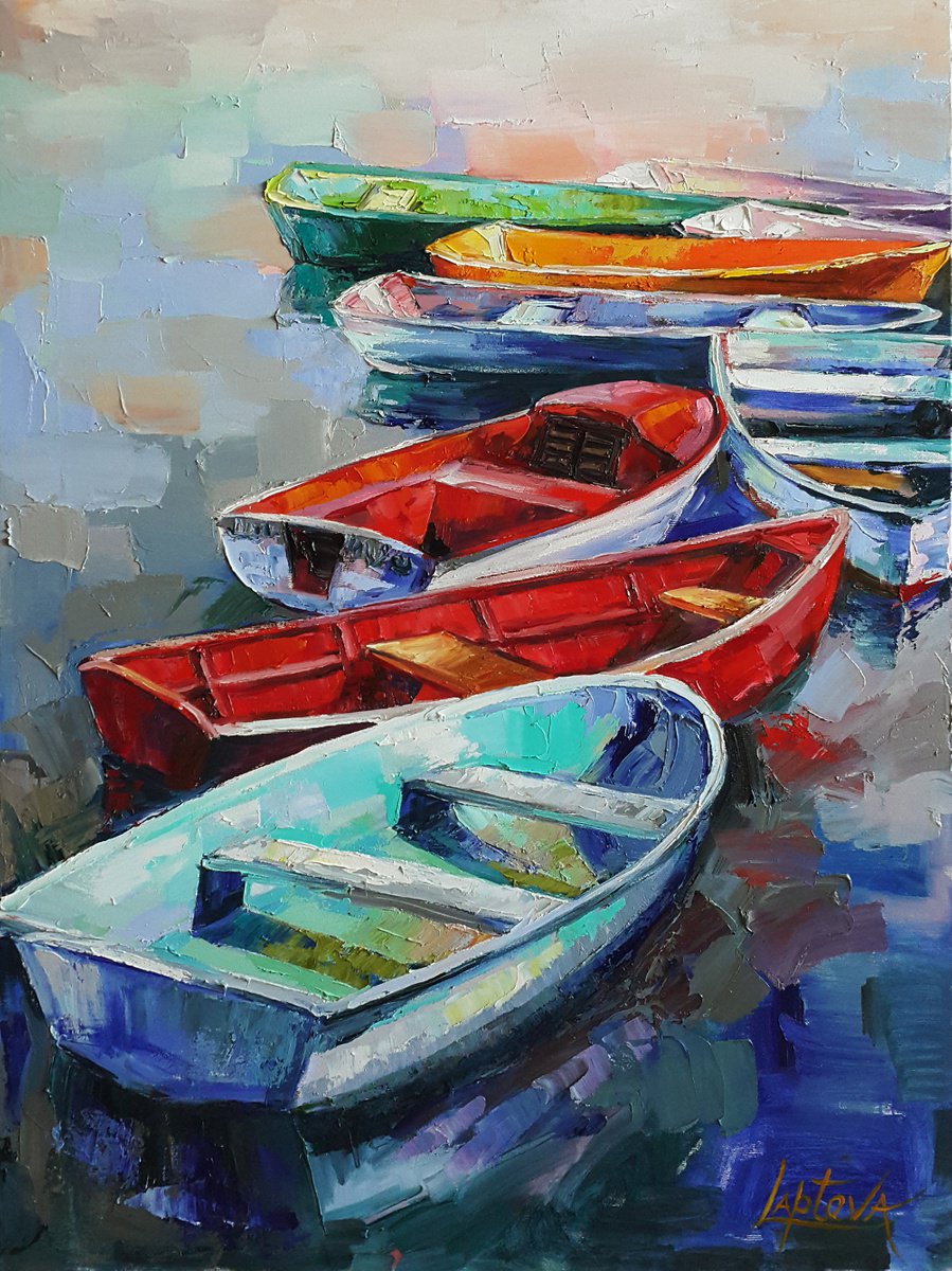 Expressive Landscape Oil Painting By Viktoria Lapteva, 24 X 31", Boats, Original Artwork